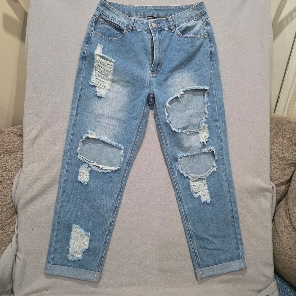 Distressed Ripped Boyfriend Jeans Light Wash High Waist W31 L32 NEW